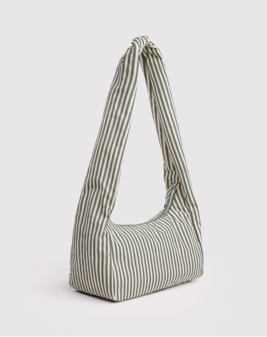 Nylon Meringue Bag Sage Stripe bag angled sideways gainst white backgrounds 