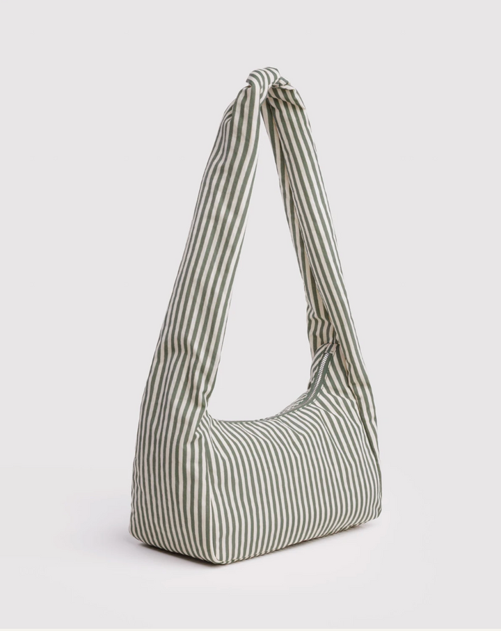Nylon Meringue Bag Sage Stripe bag angled sideways gainst white backgrounds 