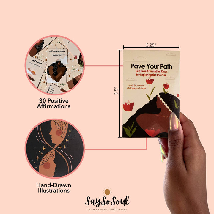 Cardboard box with affirmations held by a hand, labeled 'Pave Your Path' with dimensions and 'Say So Soul' branding.