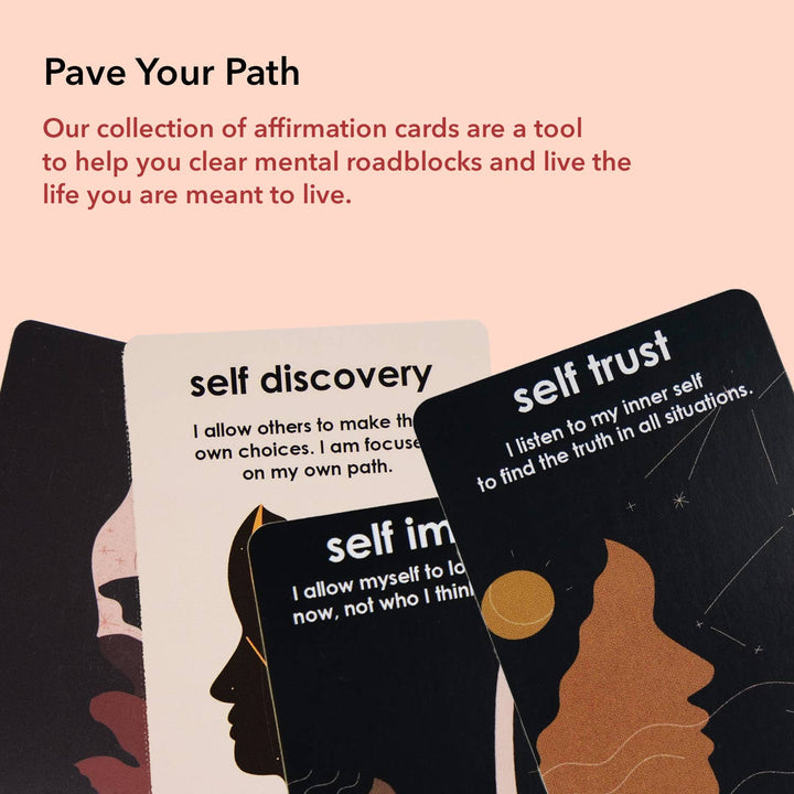 Collection of affirmation cards with motivational phrases on a pink background