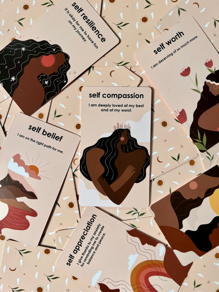 Set of cards with illustrations of a woman and motivational phrases on a patterned background