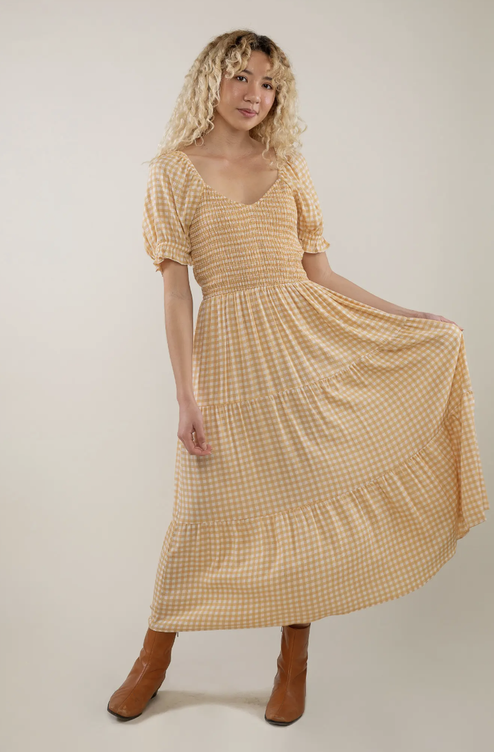 shirred bodice puff sleeve dress