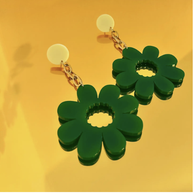yellow stud, silver chain, green flower pendant earring 