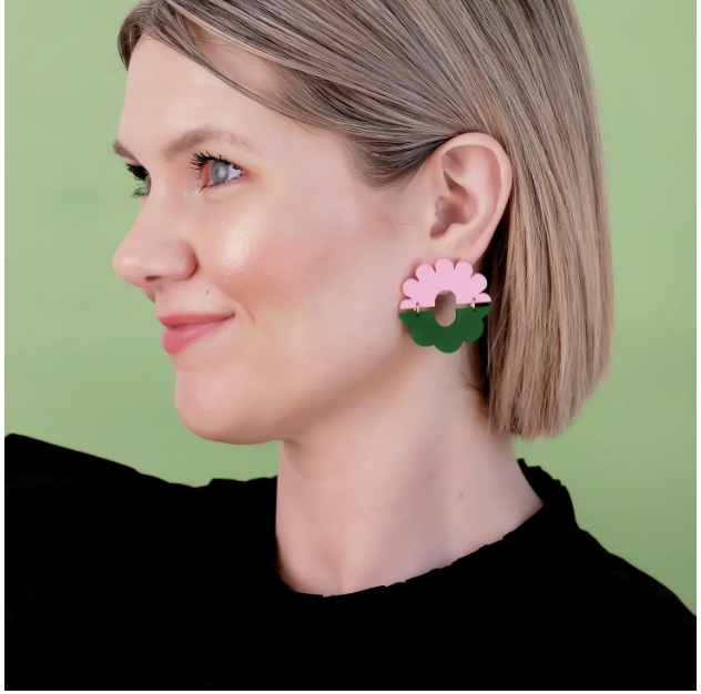 pink top, green bottom flower dangle earring