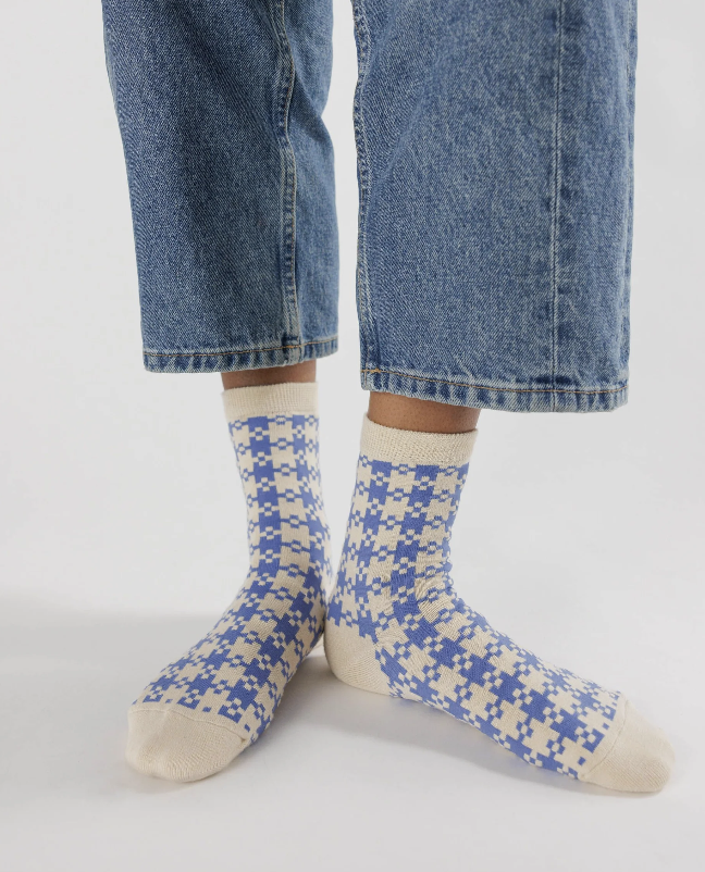 Blue Pixel Gingham Crew Sock Baggu Brooklyn
