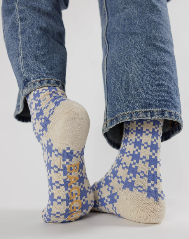 baggu austin Blue Pixel Gingham Crew Sock