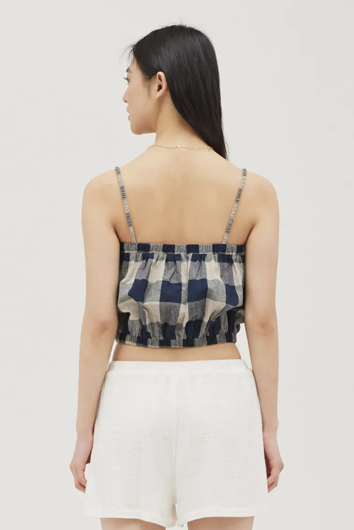 gingham navy and cream cotton and linen tank top