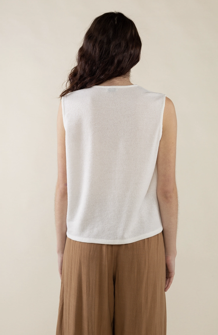 off white Sleeveless rib knit top with v-neck and button closure