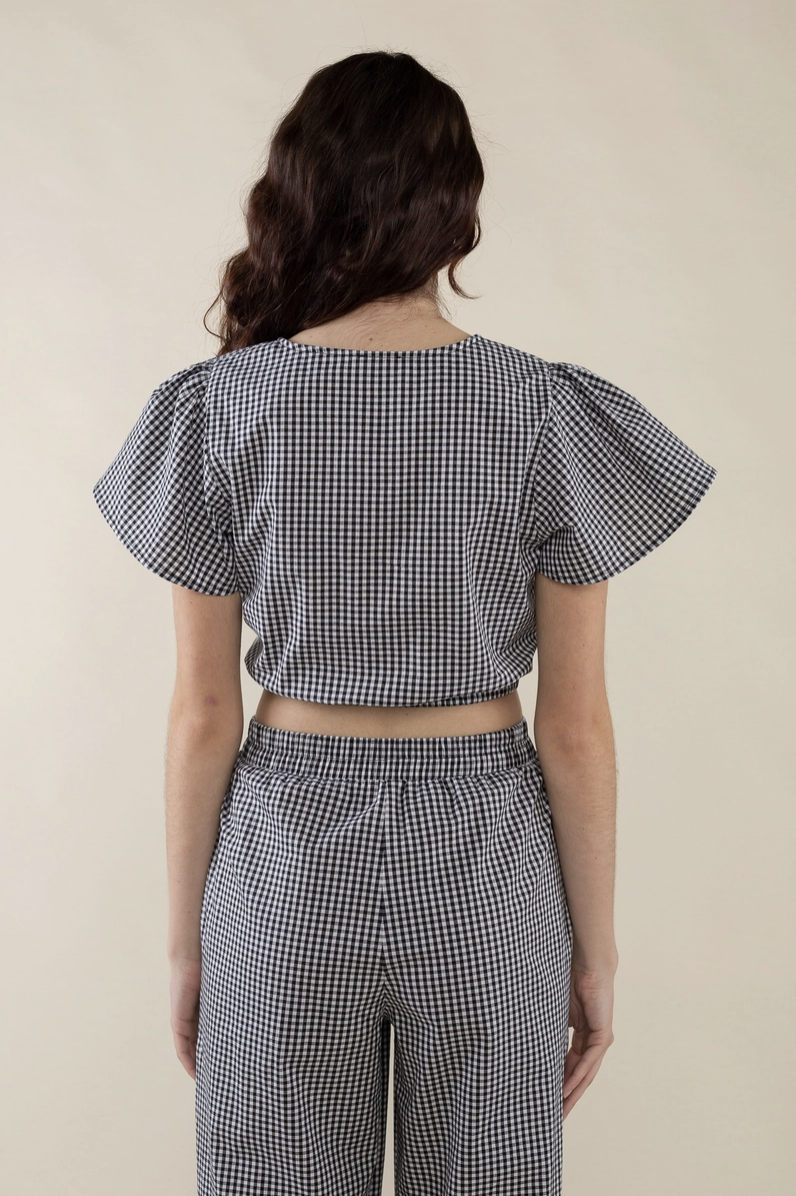 austin shop Gingham crossover crop top with flared short sleeve and elastic at hem