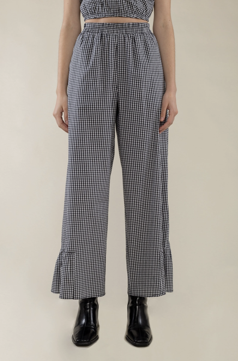 made in la Gingham pant with elastic at waist, side pockets, and half ruffle at hem