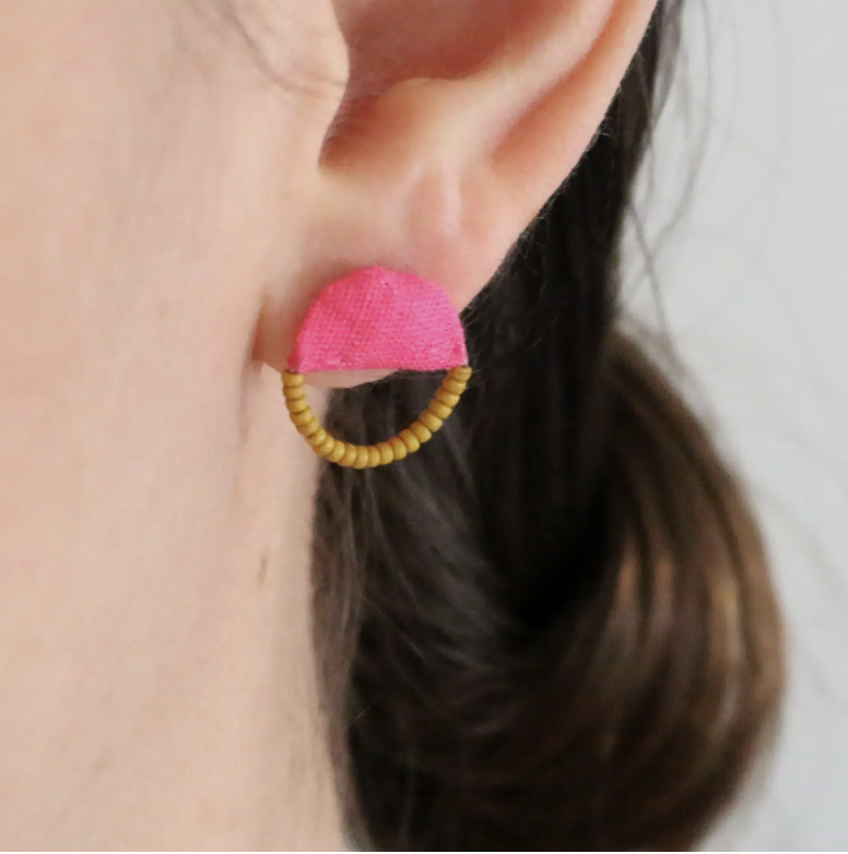 Circle Studs (Navy & Coral) in pink and mustard color for size reference