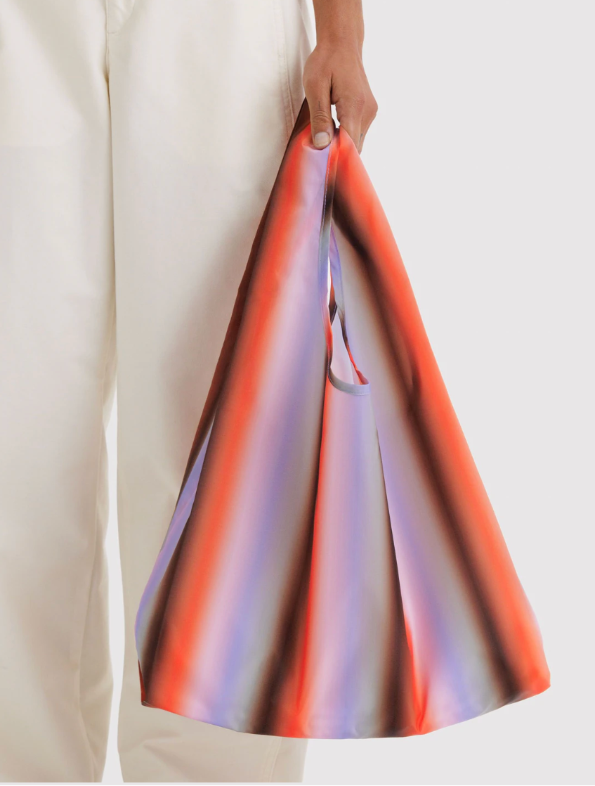 Colorful bag held by a person against a white background