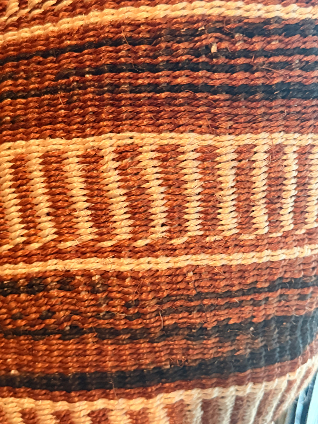 Close-up of a woven bag with a patterned design