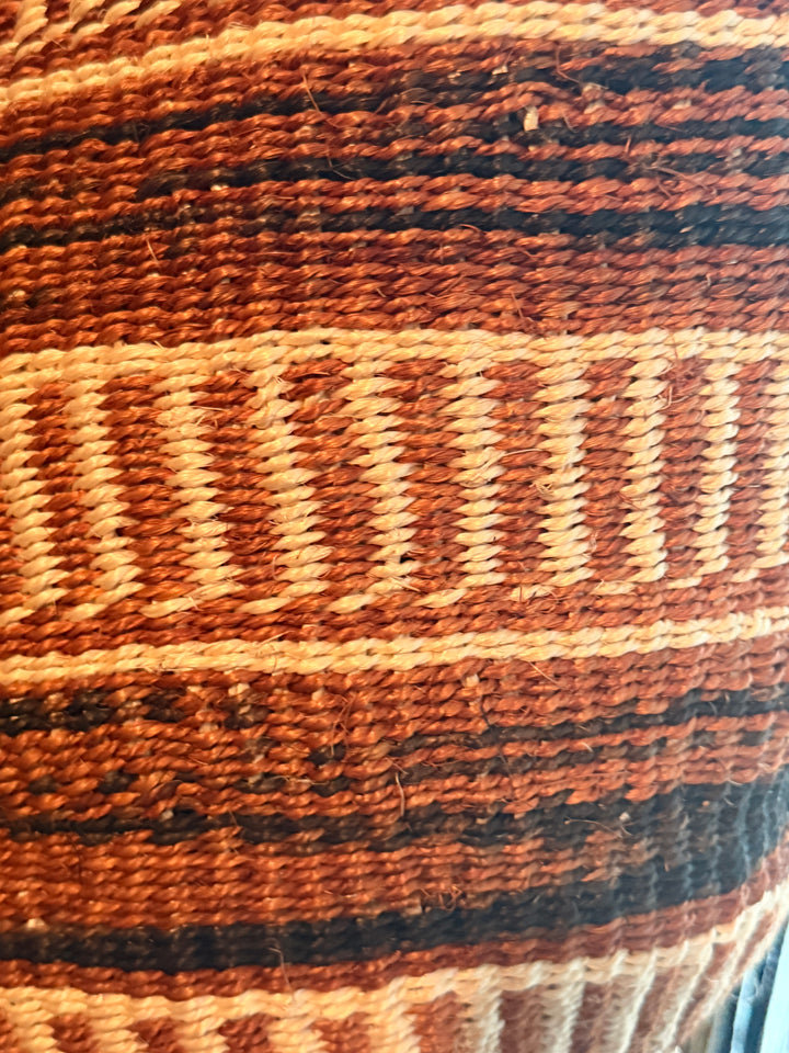 Close-up of a woven bag with a patterned design