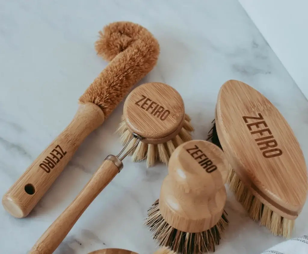 Set of Zefiro wooden cleaning brushes on a marble surface