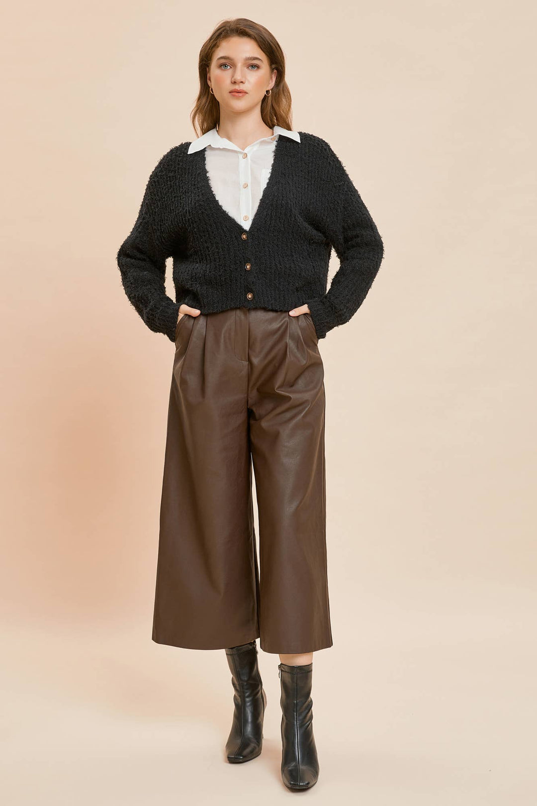fall outfit TWO PINTUCK WIDE-LEG LEATHER PANTS