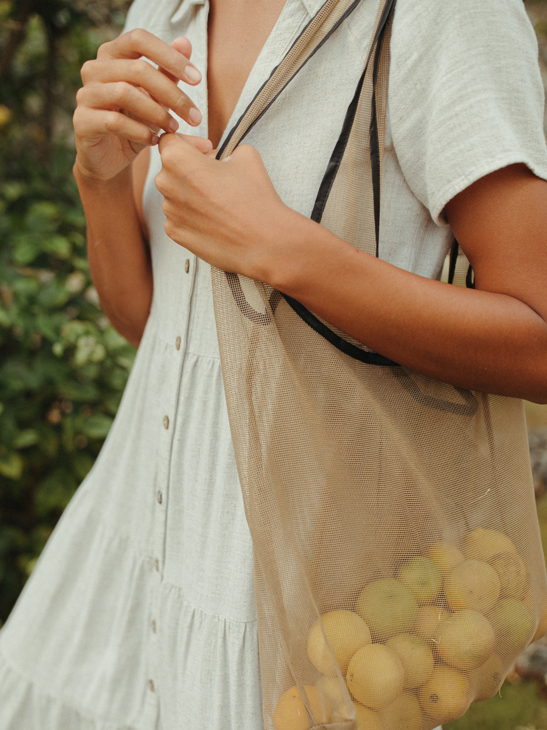 Joan | Black + Tan | Market Tote Bag | Nylon Mesh