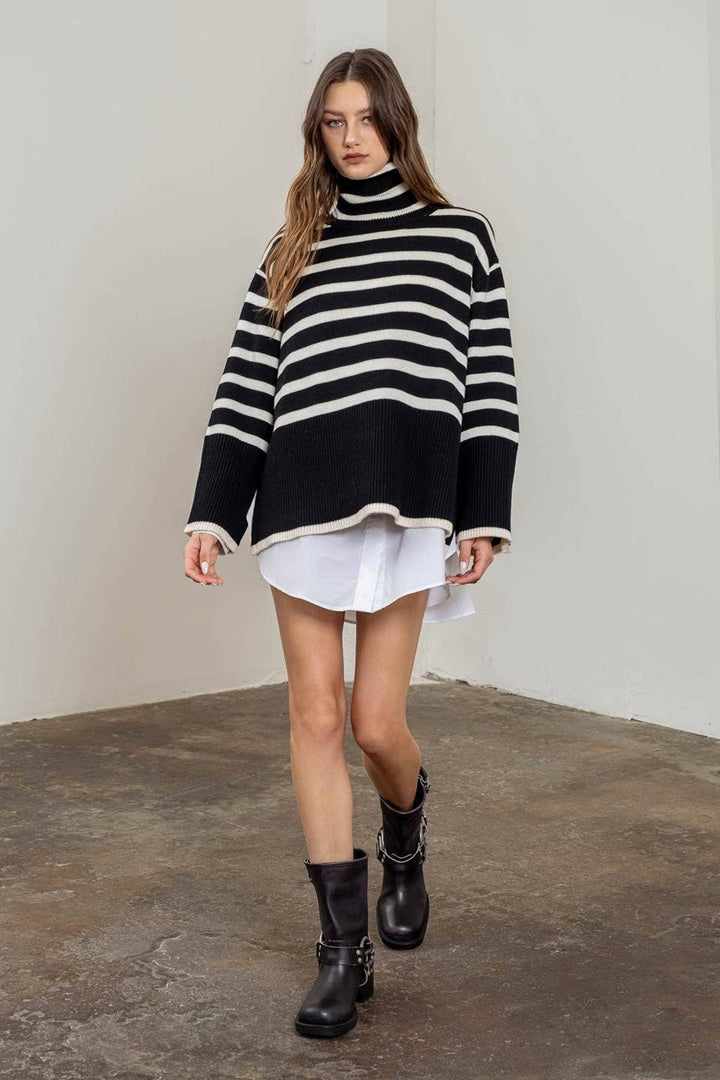 STRIPE TURTLE NECK SWEATER: BLACK over white shirtdress and ankle boots