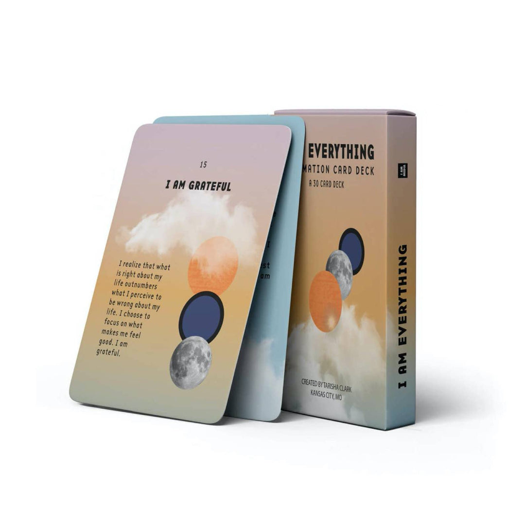 A 30 card deck of 'I am Everything' affirmation cards, with a mix of orange, blue, and purple colors and inspirational quotes on them.