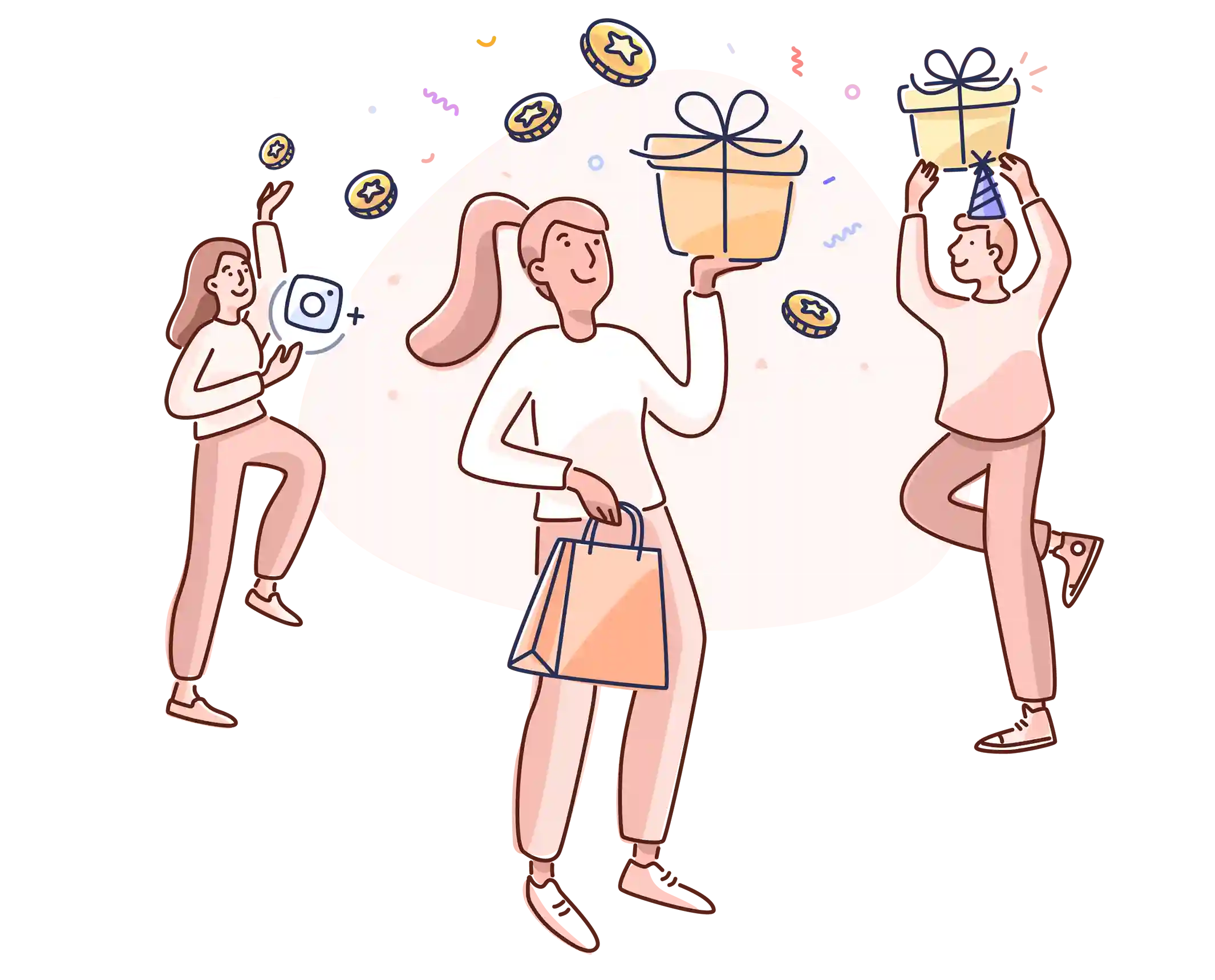 An illustration of 3 people with coins falling on them. The left has an instagram icon, the middle has a present and shopping bag, the right has a present and party hat