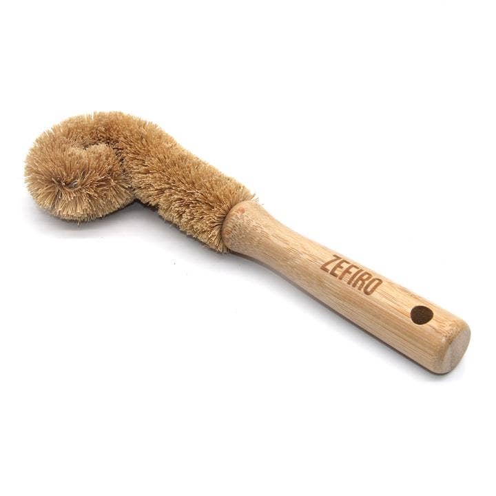 Bamboo bottle brush with bristle head on a white background, branded 'Zefiro'.