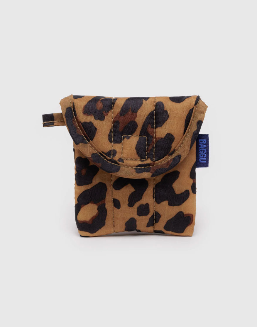 Leopard print pouch with a baggu brand tag on a white background