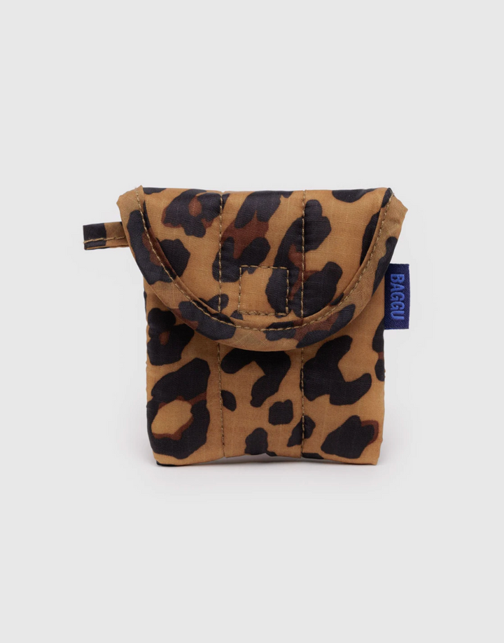 Leopard print pouch with a baggu brand tag on a white background