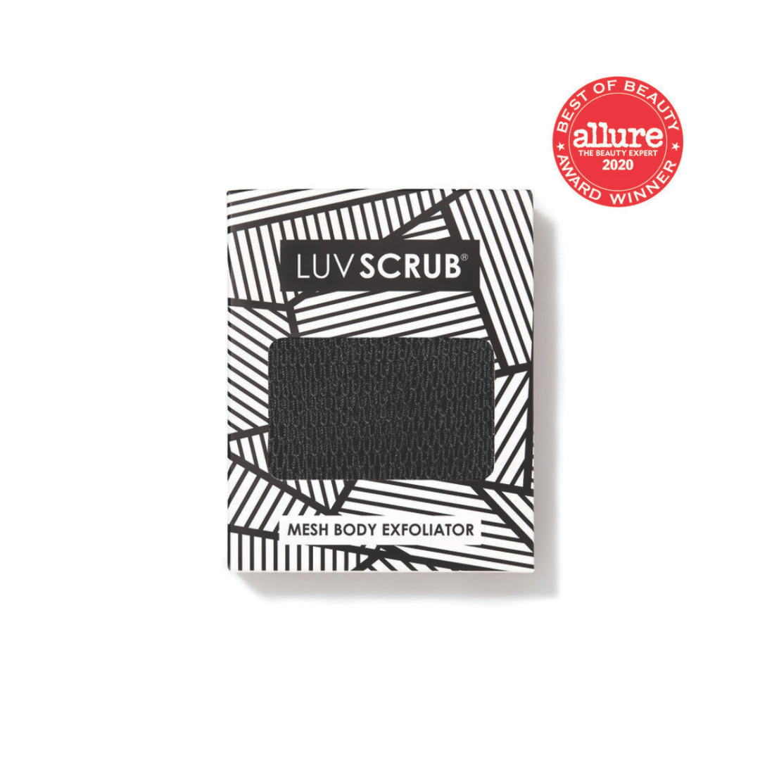 LUV SCRUB mesh body exfoliator packaging with Allure Best of Beauty 2020 award on a white background