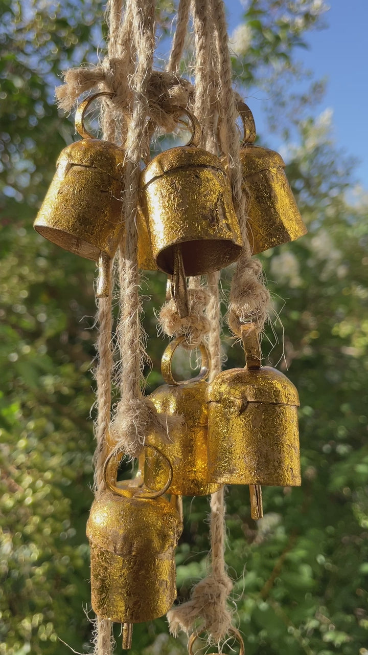 Recycled Iron 5 Bells Wind Chimes with Jute Strings-20inch
