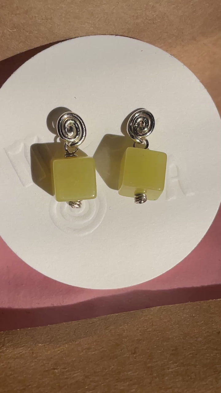 Inward Earrings- Olive Jade: Sterling Silver