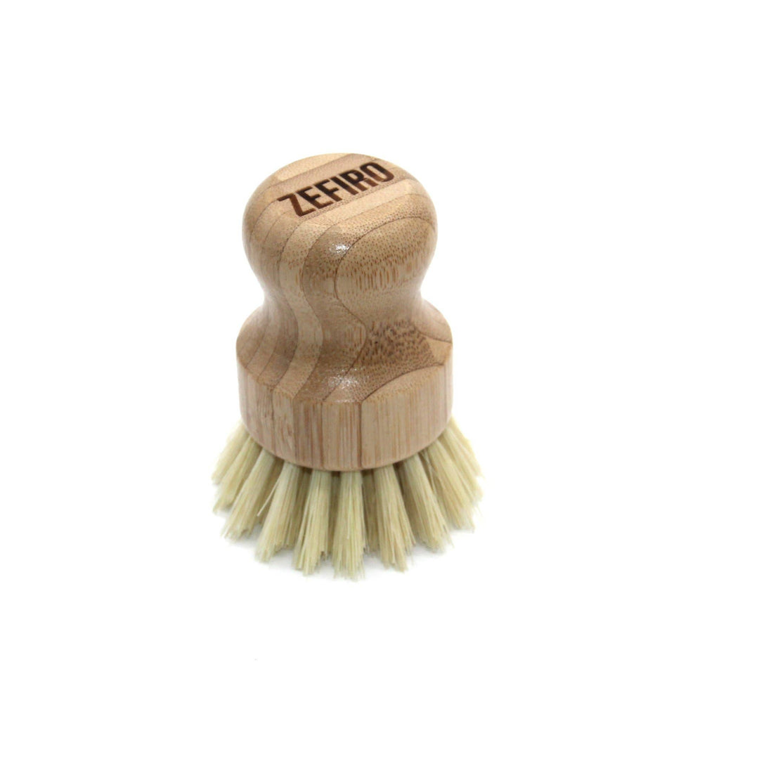Bamboo dish brush with bristles on a white background