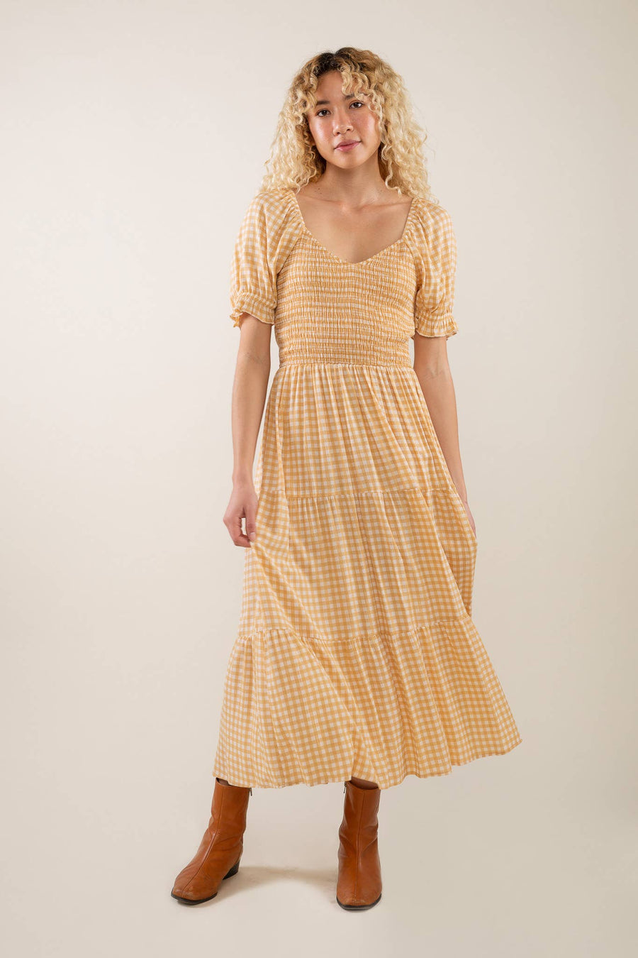 mustard check gingham puff sleeve dress