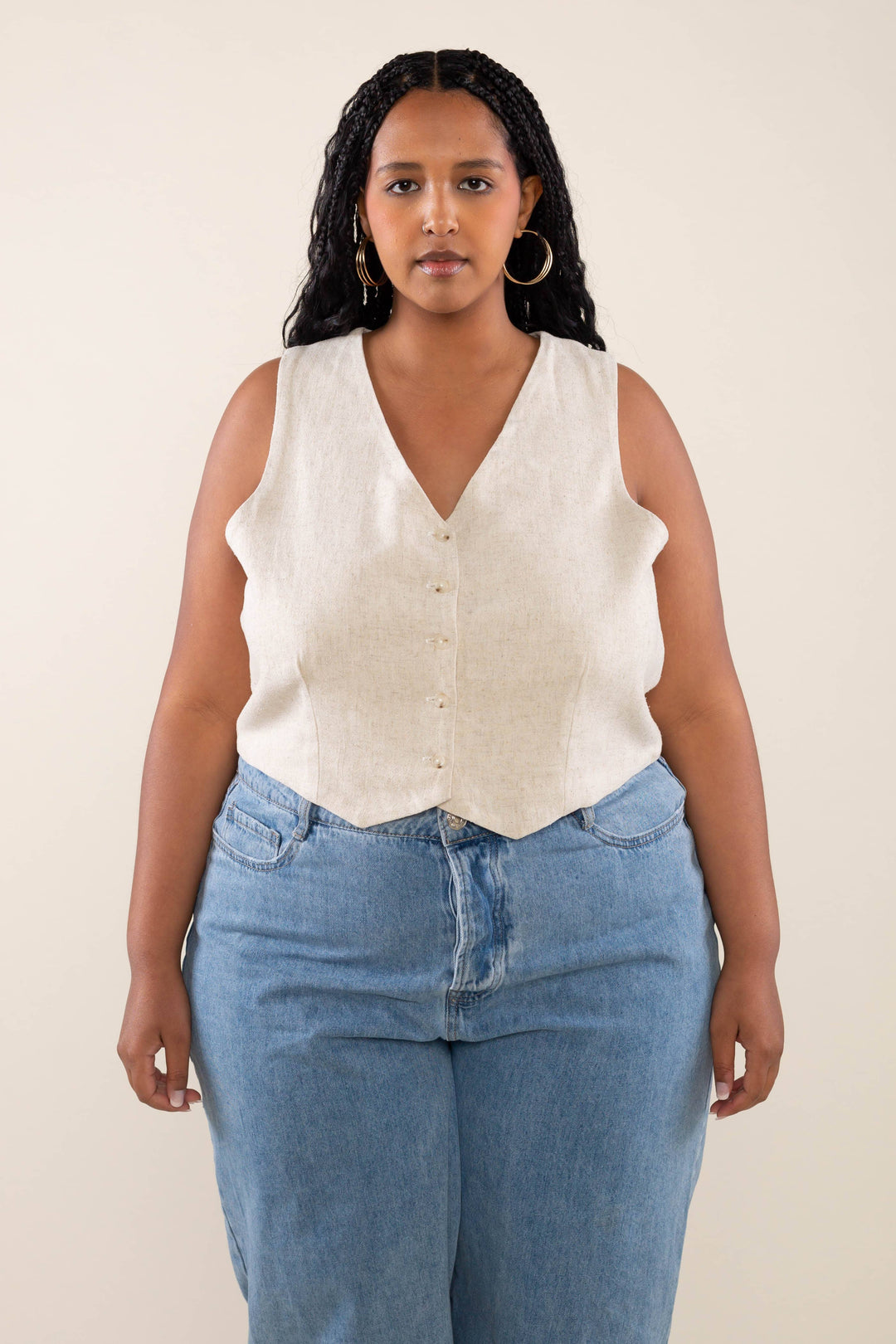 plus size linen vest 5 button front v neck