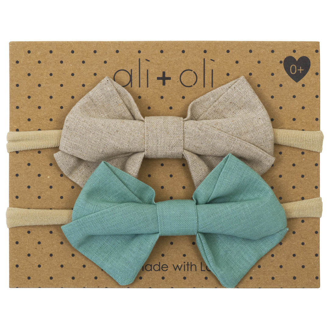 Ali+Oli Headband Bow Set Large mint and taupe bows on beige headband