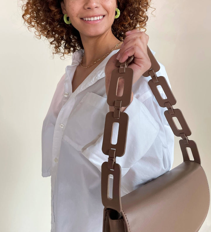 recycled vegan bag in taupe chain like handles shoulder bag