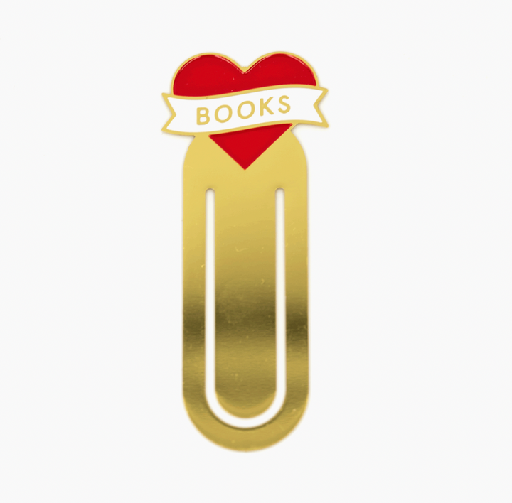 heart books Metal and enamel bookmark clip. Measures 2.75" tall and comes packaged on a printed card with a protective-sleeve bag.