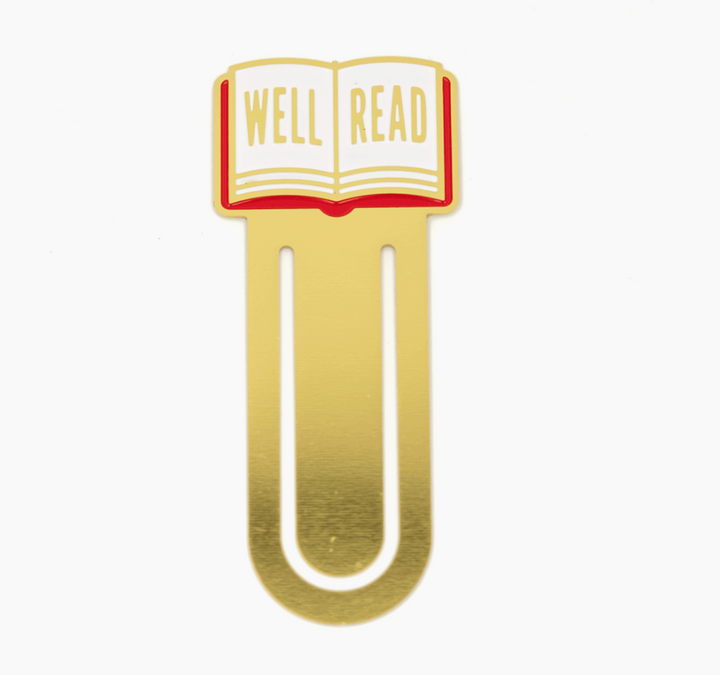 well read Metal and enamel bookmark clip. Measures 2.75" tall and comes packaged on a printed card with a protective-sleeve bag.