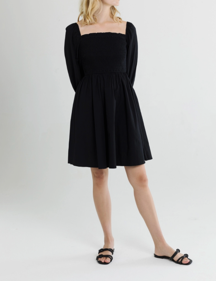 Black Cotton Shirred Dress