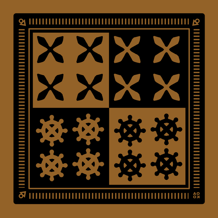 in balance all very goods brown bandana with black symbols  3 Adinkra symbols that mean sweetness, watchfulness and justice: sort of like the complexity of life. 