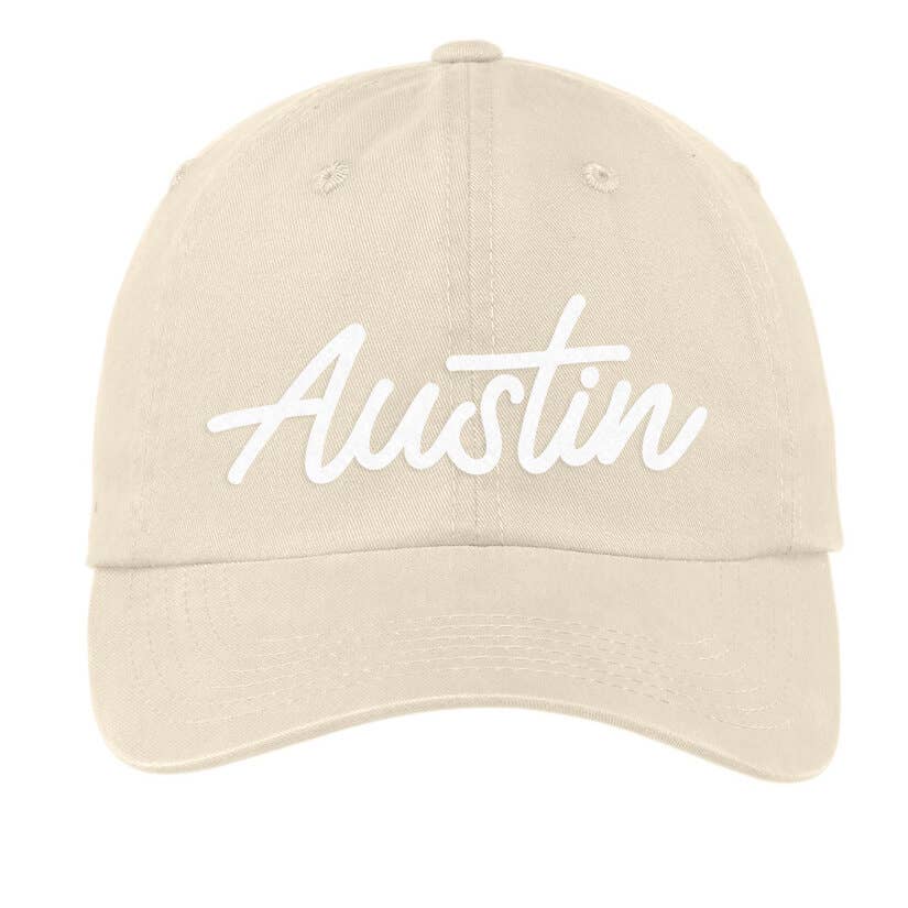 Austin Cursive Baseball Cap oatmeal color with white writing