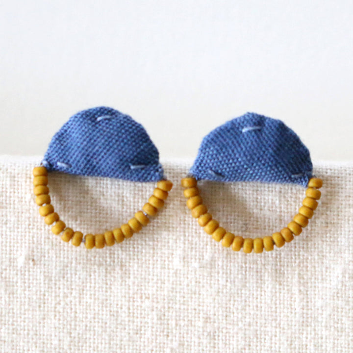 denim and curry yellow textile and bead earrings