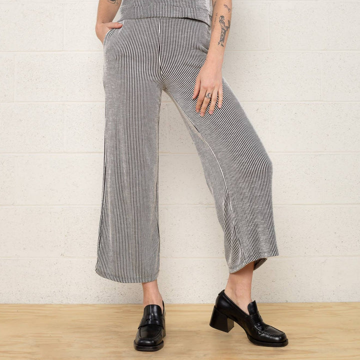 Striped cropped culotte Cut and sewn ethically, in house at our DTLA factory.  Tumble dry low or lay flat to dry Model is 5'8" and wearing a Small  • 56% Rayon, 42% Poly, 2% Spandex  • Care Instructions: Hand wash 