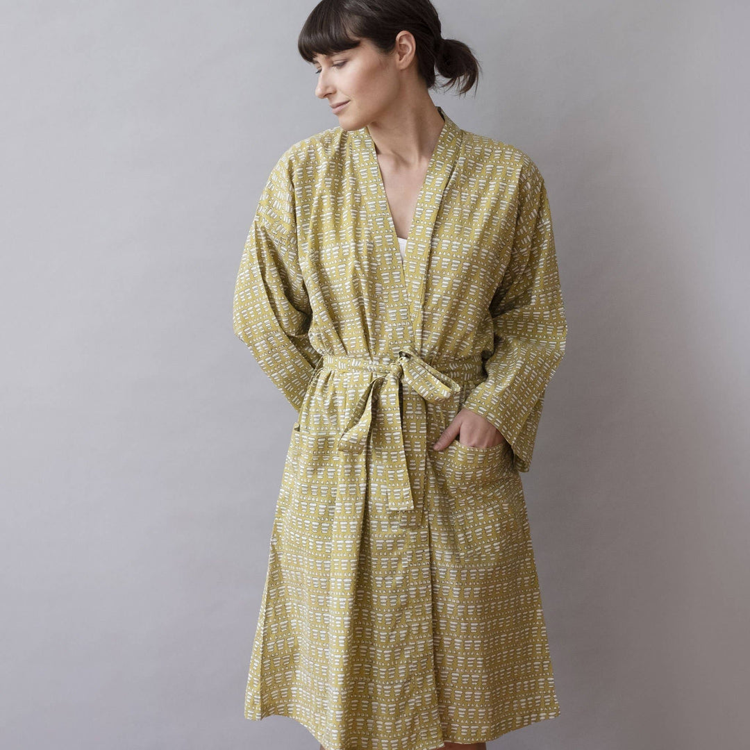 Matta Mustard Block Printed Cotton Robe-Graymarket Design