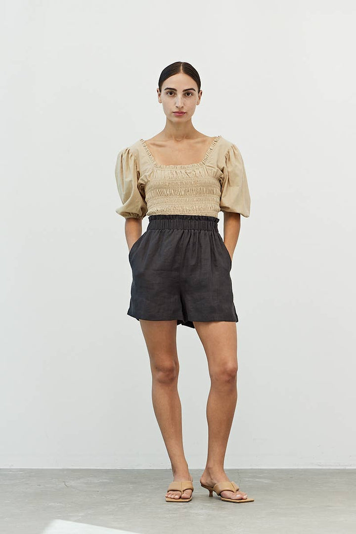 grade and gather black linen shorts