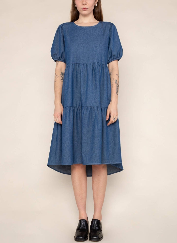 denim made in united states Tiered dress with puff sleeve