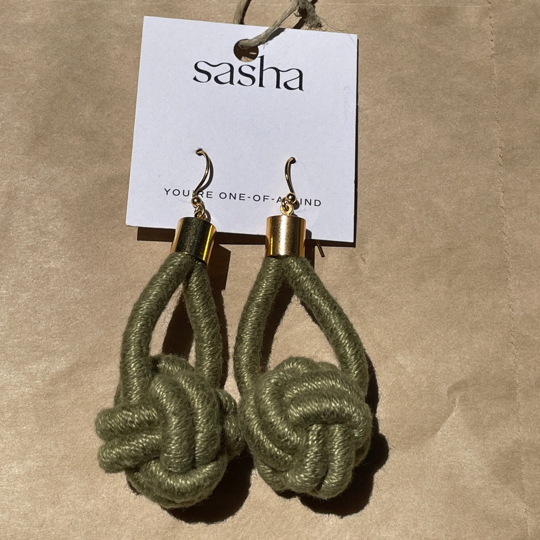 sage green knot fiber earrings