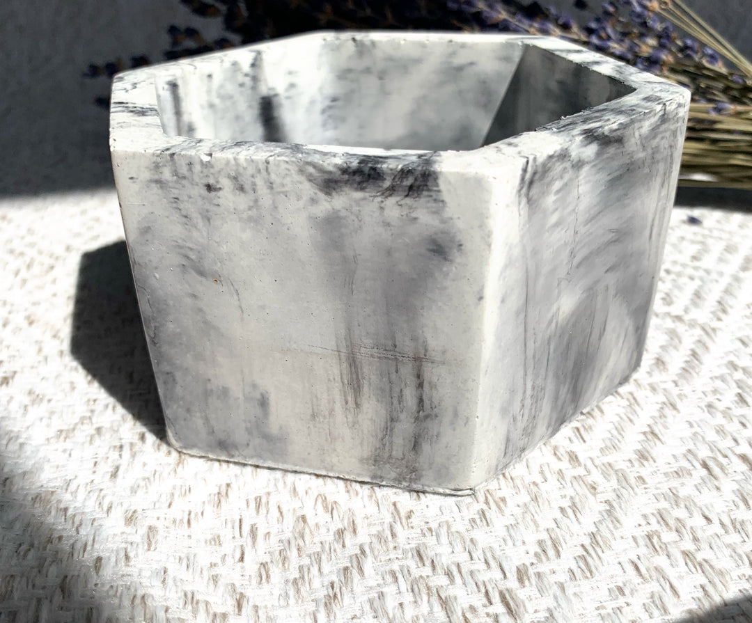 Cement Planter Hexagonal- Black + White Swirl